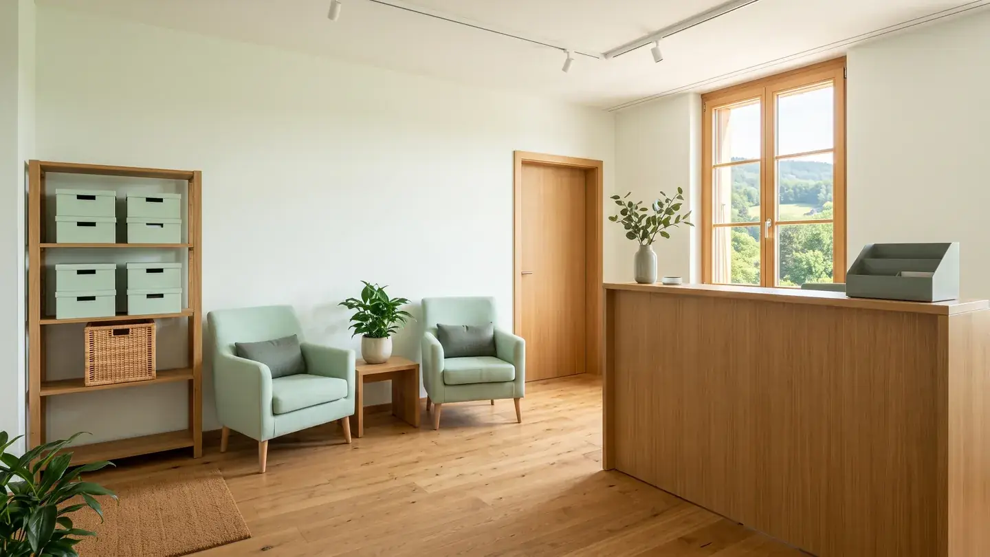 Heller Wartebereich mit Sitzgelegenheiten, Empfangstresen und grossem Fenster
